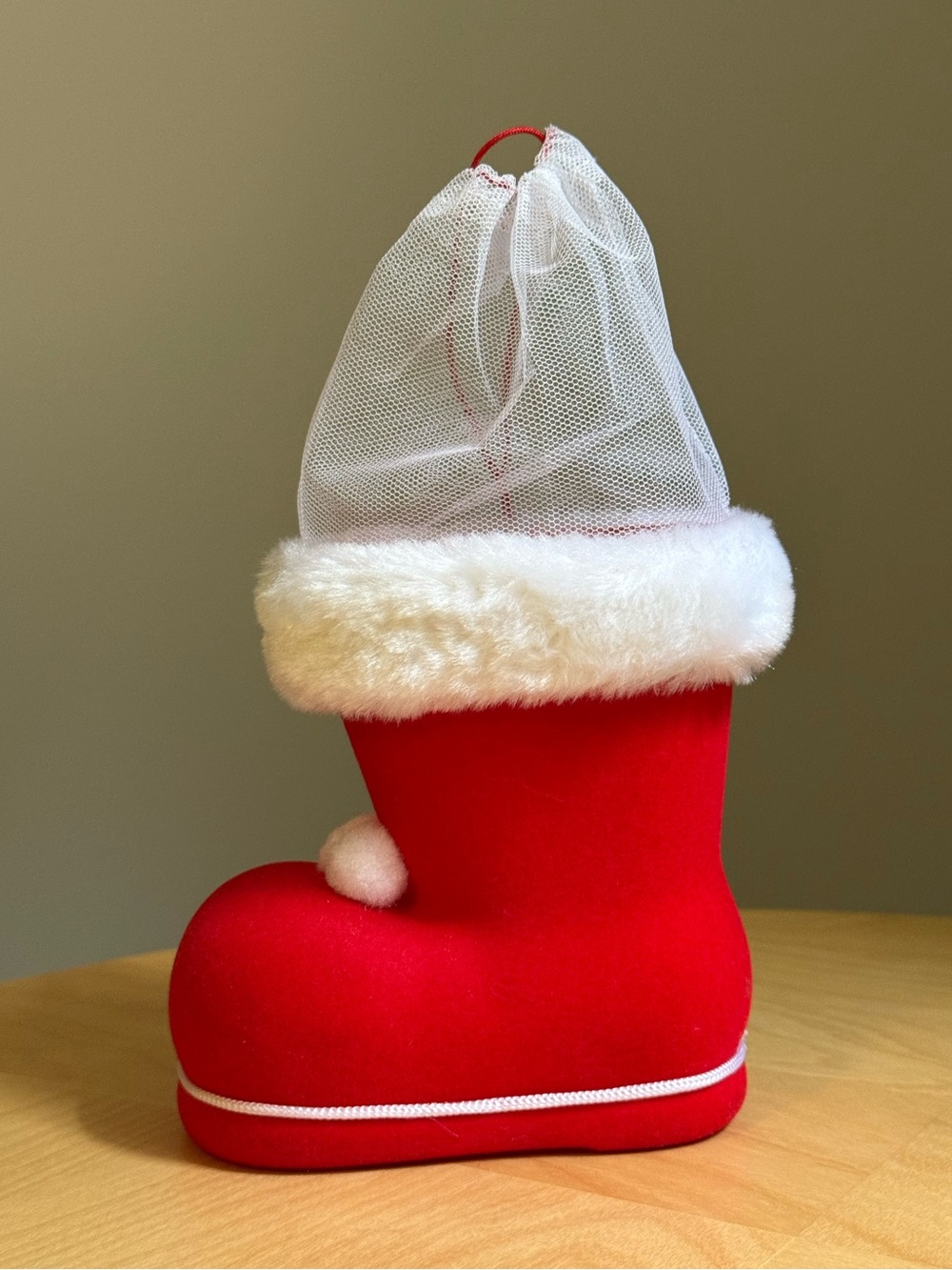 Stocking Stuffer Kitschy Vintage Christmas Red Flocked Santa Boot Gift Bag
